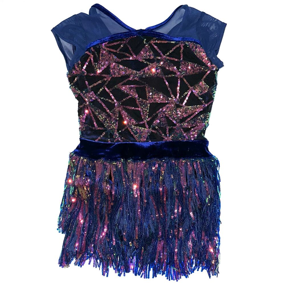 Weissman Showtime Girls ‘Misbehave’ Dance Blue Velvet Sequin Fringe Dress SC - Picture 9 of 16
